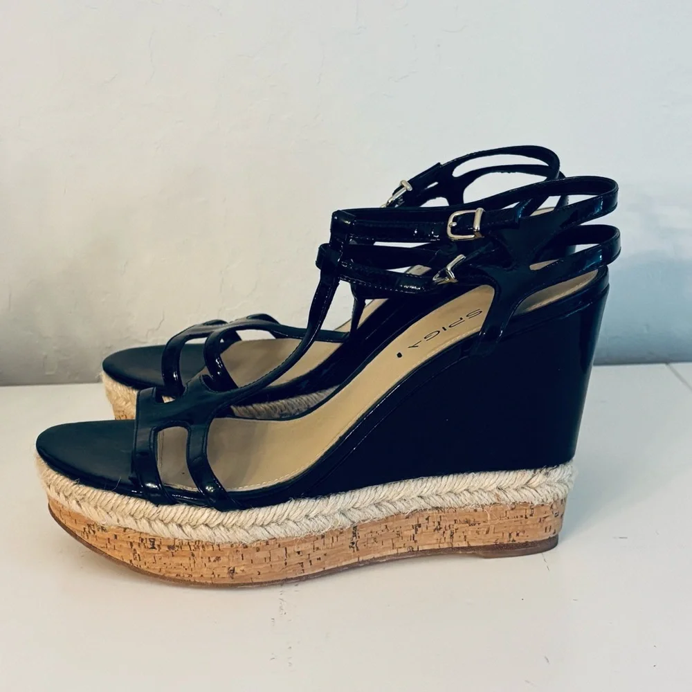 Via Spiga Patent Leather Wedge Platform Sandals Espadrille Cork Sole, Black, 9
